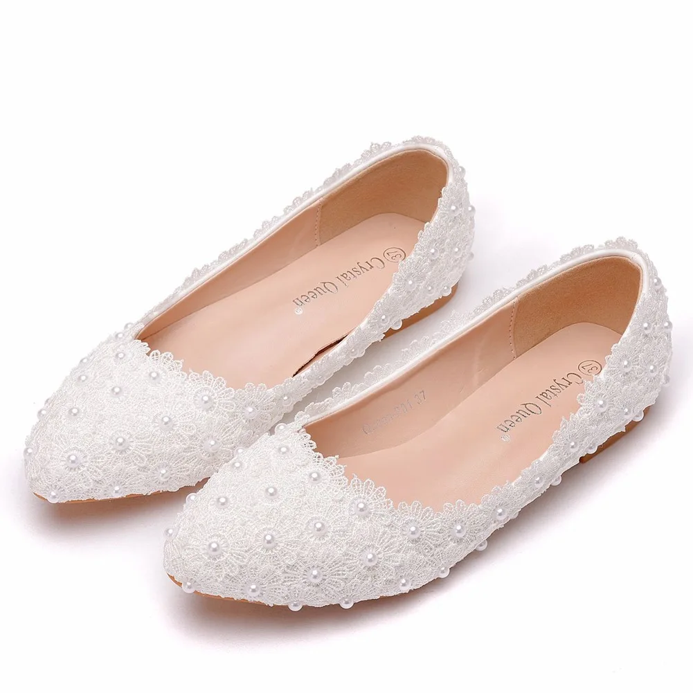 Comfortable Women Flats Handmade White Lace Bridal Ballet Flats Closed Toe Shoes Bride Wedding Shoes