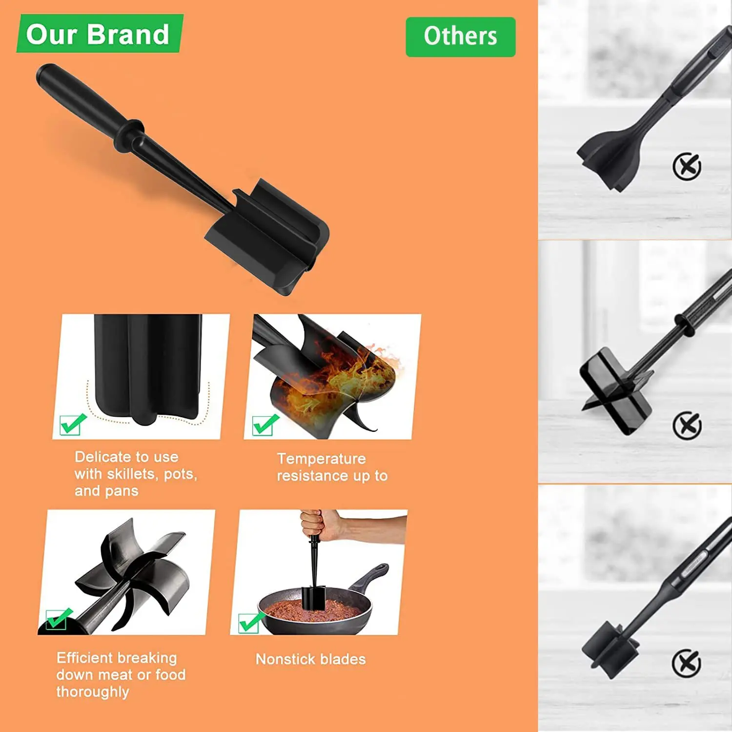 Meat Chopper 5 4Curve Blades Ground Beef Masher Heat Resistant Meat Masher Tool Nylon Hamburger Non-scratch Chopper Utensil