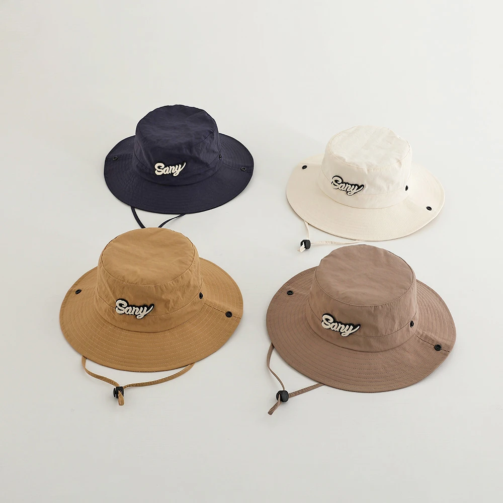 Kids Outdoor Sunshade Quick Drying Sun Hat 3D Letter Embroidery Solid Color Cotton Bucket Hat for Children