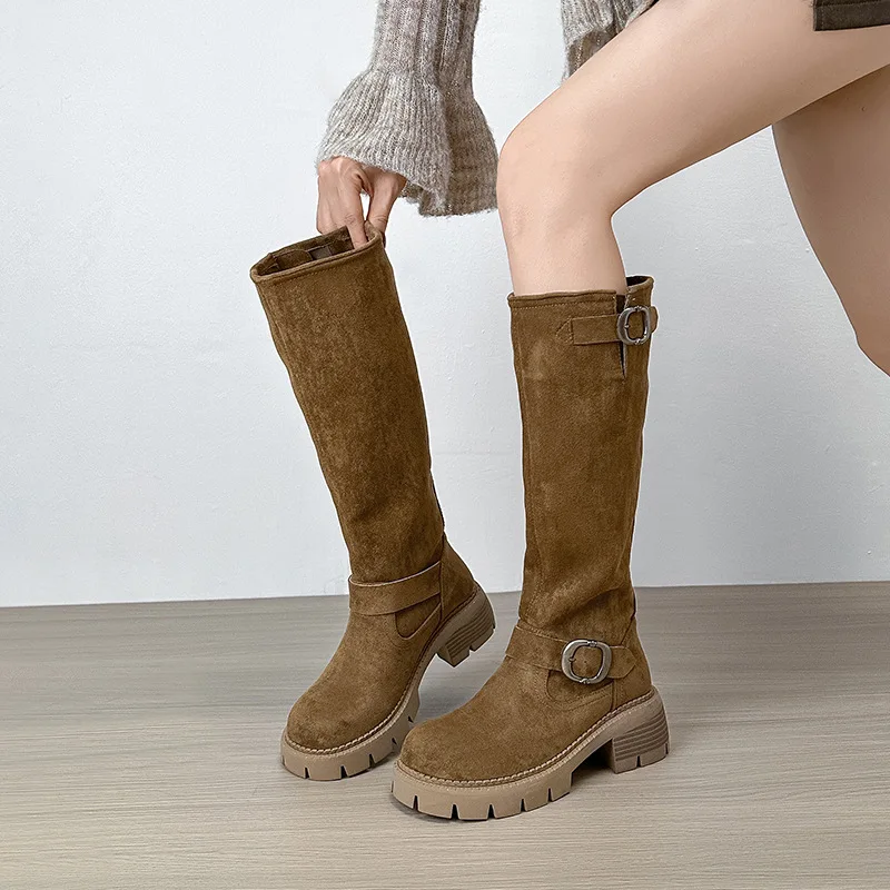 Custom Logo Ladies Knee-High Western Boot Winter Autumn Comfortable Toe Design Vintage Thick Heel PU Insole Solid Velour Fabric
