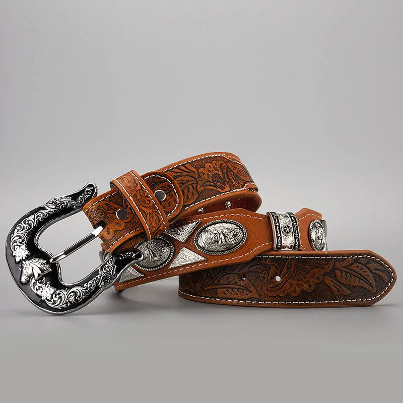 Mens Western Belt Cowboy Country Concho Leather Belt for Jeans Pants Belts