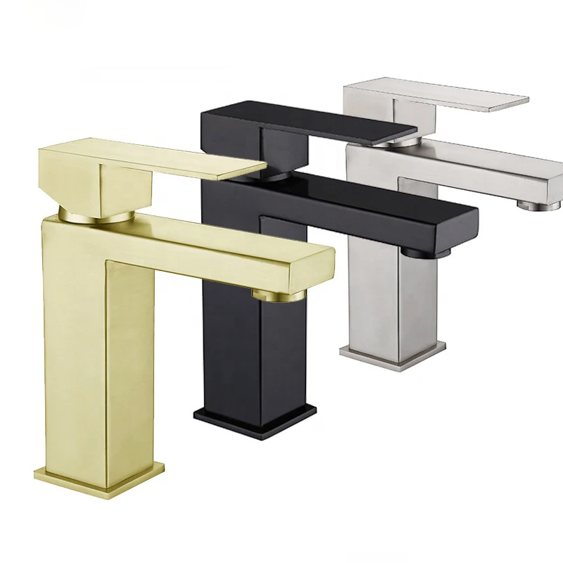 
Kaiping manufacturer 304 stainless steel brushed lead free hot cold mixed bathroom square faucet 