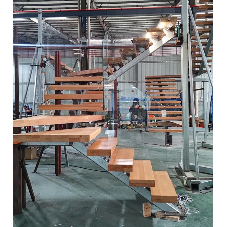 Factory Direct Second Floor Metal Railing Mono Stringer Staircase Handrail Solid Wood Tread Step Lights Indoor Stair