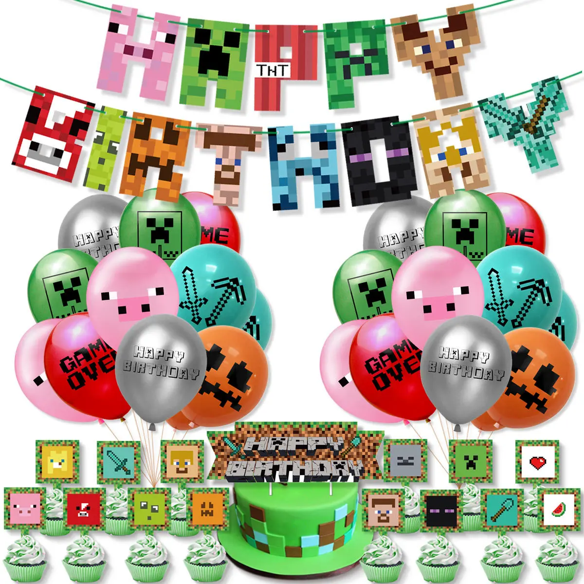 
New Game Theme Birthday Party Decoration My World Happy Birthday Banner 12 Inch Pixel Wars Printed Balloons With Cake Topper 