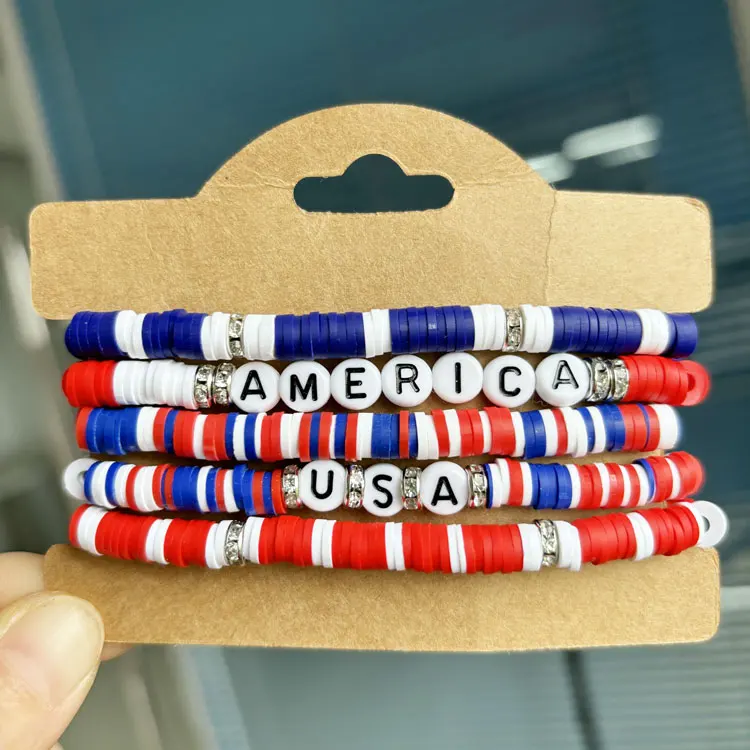 Rainbow Heishi Bracelets for Women 6 pcs/set Handmade Soft Polymer Clay American USA Flag Stretch Bracelet