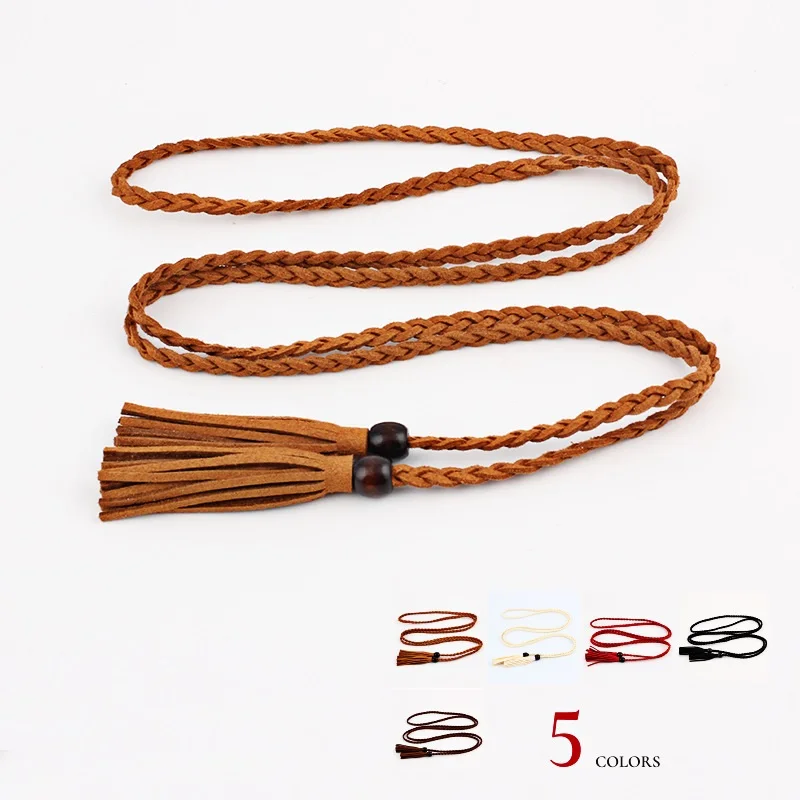 Woven Style Fabric Tassel Waistband Braided Belt Waist Rope Chain Belt Women Decorated Ladies Tassel Belts With Wood Bead