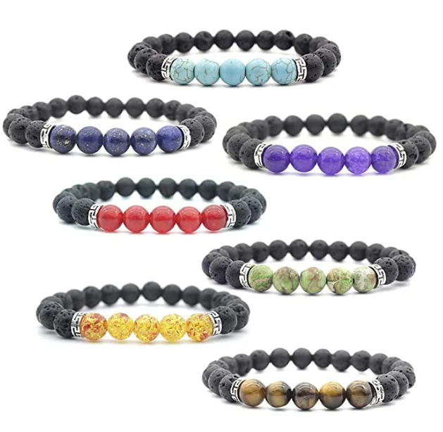 Lava Rock and Chakra Beaded Bracelet 8mm Volcanic Stone Prayer Bead Bracelet for Unisex Essential Oil Diffuser 7PCS