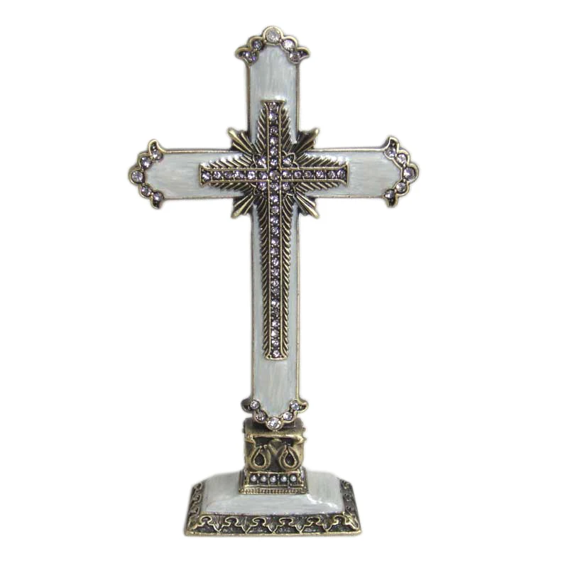 Antique Bronze White Jeweled Metal Zinc Alloy Stand Cross Manufacture Customized Christian Items