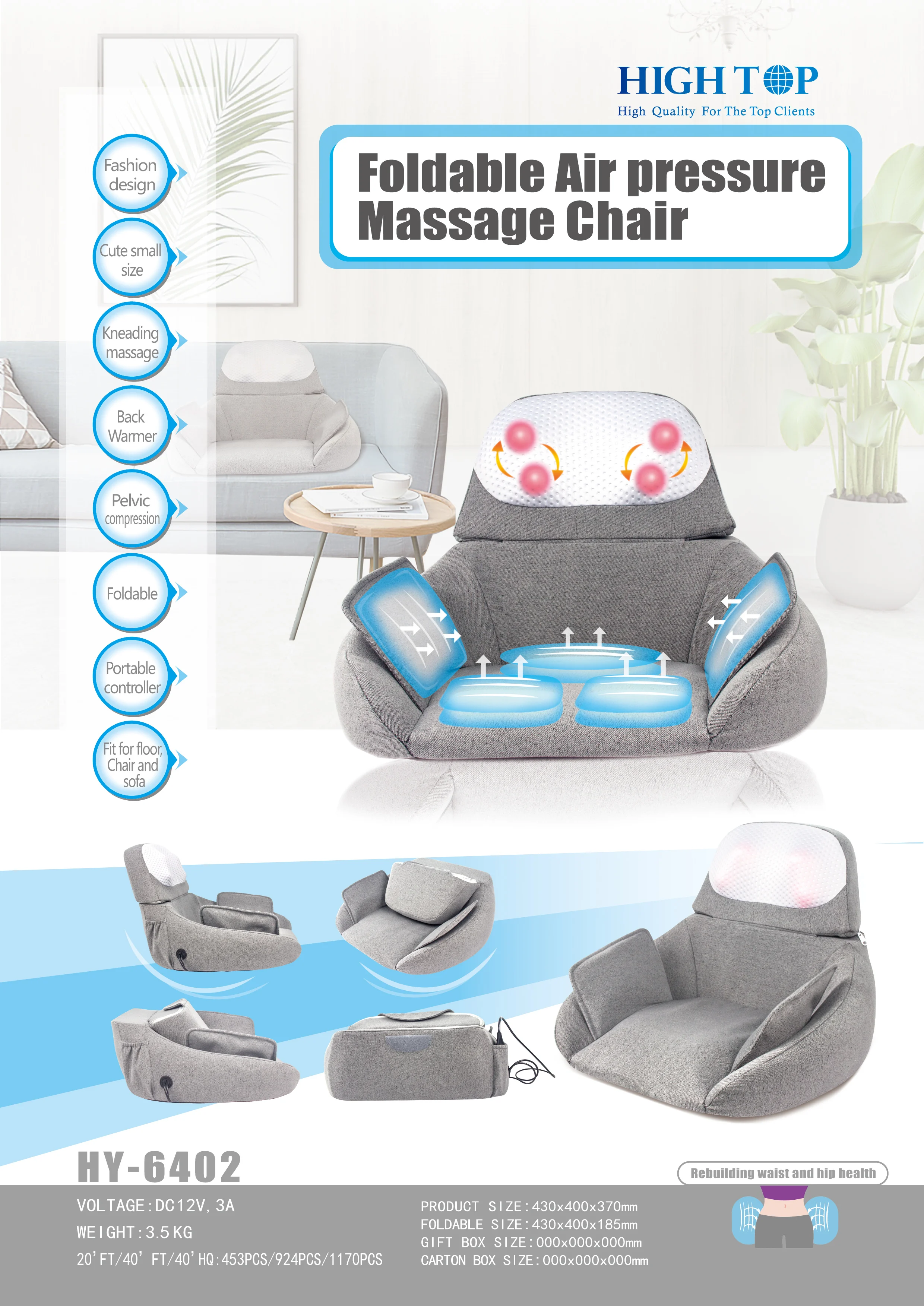 2019 New Product Japan/Korea foldable electric seat massage kneading back warmer air compression cushion