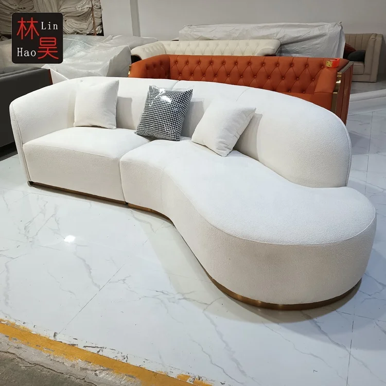 Cream color modern design villa hotel home furniture curved leather microfiber fabric sofa for living room