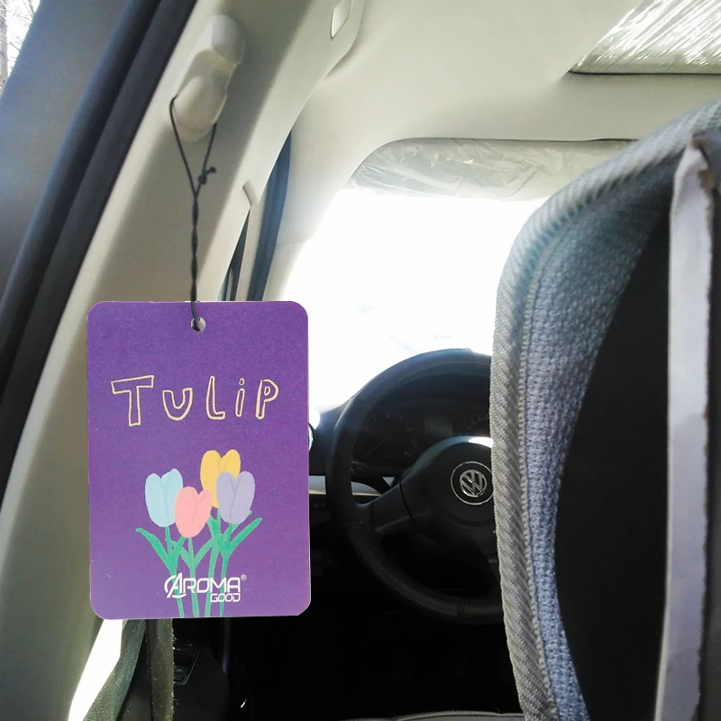 printing factory custom hanging fragrance card perfume paper card car air freshener with rope