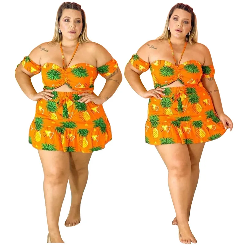 Adorable Pineapple Pattern Women Summer Outfits Plus Size Cropped Top Short Sleeve Off Shoulder Halter 2 Piece Skirt Set