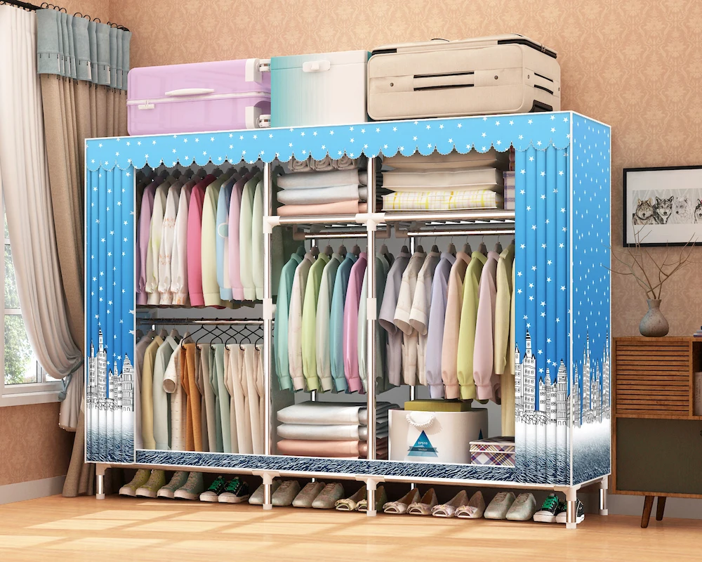 Folding Fabric Wardrobe Bedroom Furniture with PP Plastic Connectors 25mm Galvanized Tube 168cm Width Home Furniture Modern