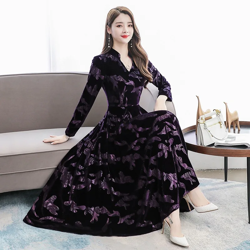 Women vintage v-neck long sleeve winter midi casual velvet dress lady