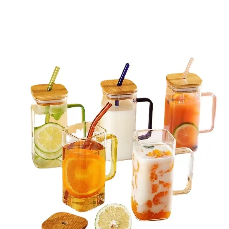 Rectangular Cups Glass Straw Square Drinking Glass with Handle Bamboo Lid Tumbler Transparent Iced Coffee Glass for Water Bottle