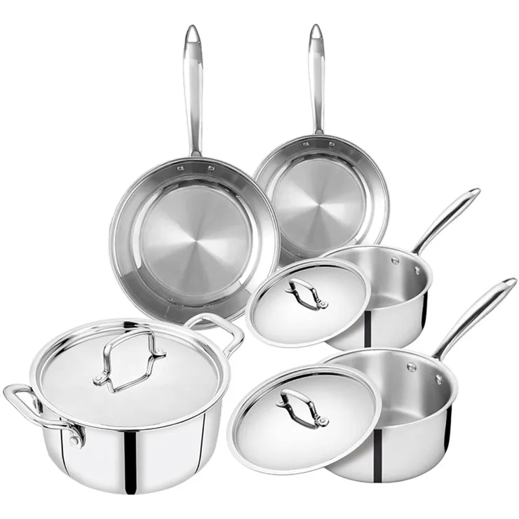Manufacture OEM&ODM Luxury  8 pcs three layer stainless steel kitchen pots and pans food cooking cookware set with 201 ss lid