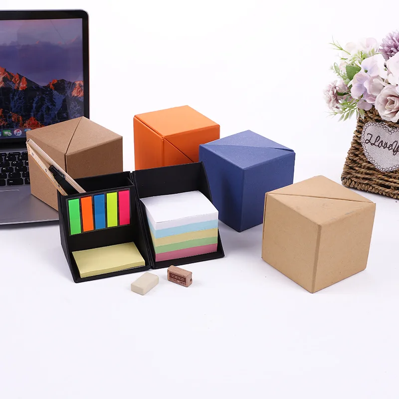 Foldable cube memo pad box, multi-function sticky note set with pen holder