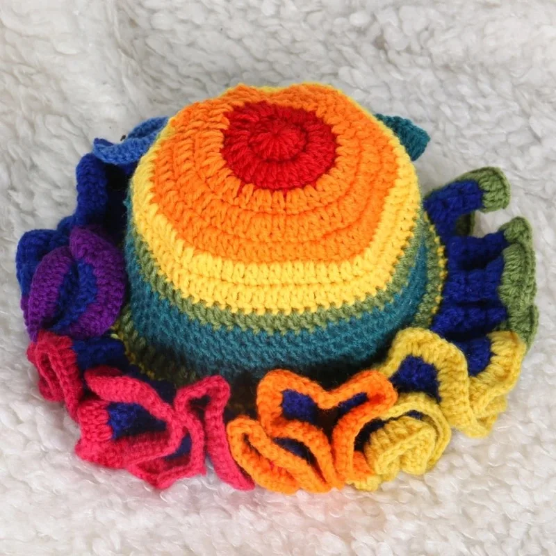 2024 New Handmade Knit Bucket Hat for Woman Weaving Floppy Ruffled Brim Bucket Hat Adult Teens Winter Cycling Crochet Hat