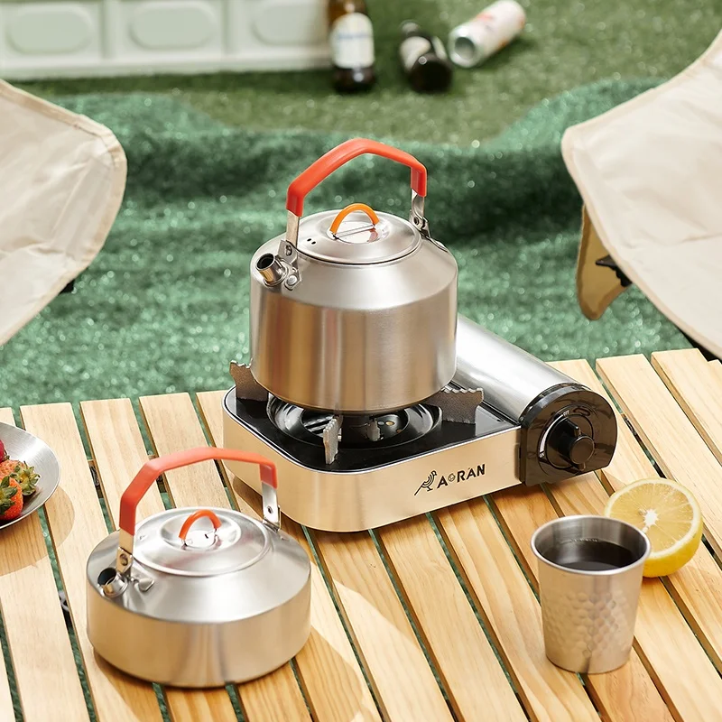 1.0L Stainless Steel Portable Kettle with Red Handle for Outdoor Camping Hiking Bushcraft-Coffee Tea & Cooking Pot Accessories