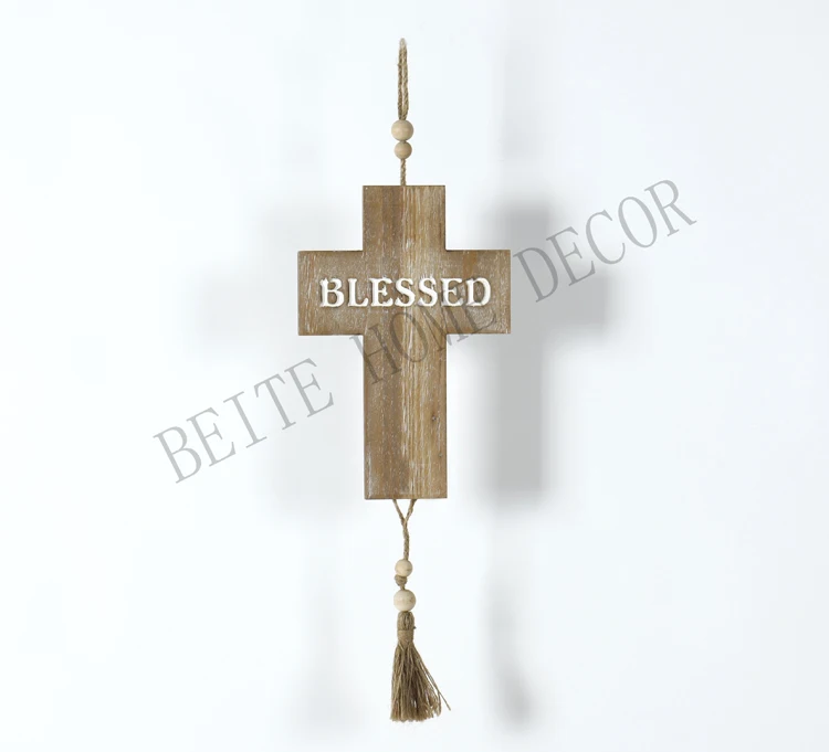New Design Church Hemp Rope Wooden Bead Sling Cross For Wall Frame