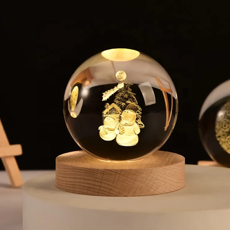 Newish Wholesale USB Indoor Wooden Base  3D Crystal Ball Light for Room Decoration