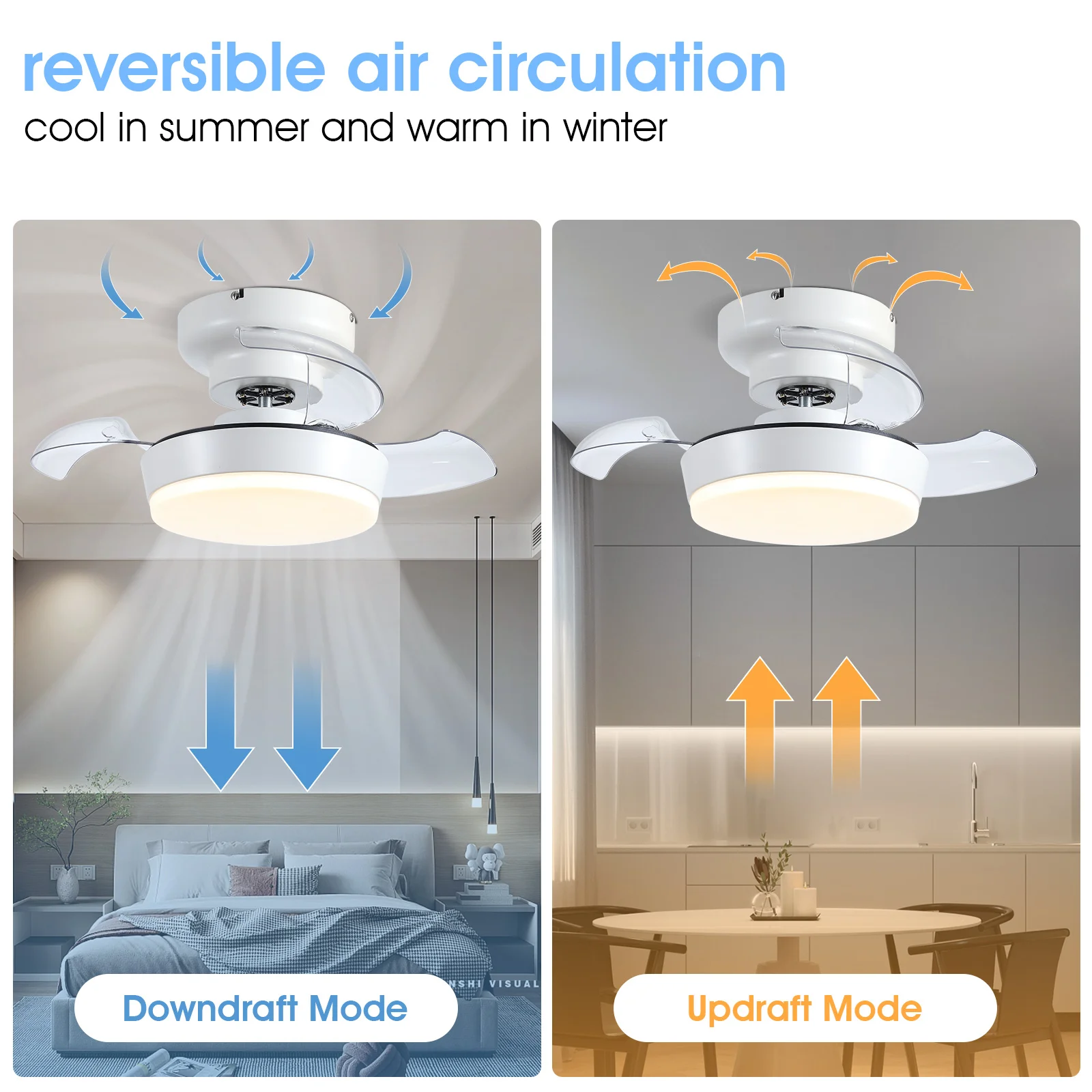 Bedroom All Copper Moto Dimmable Fan Lamp Smart Small Retractable Invisible LED Ceiling Fan With Light and Remote Control