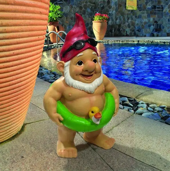 Cute Resin Sexy Garden Gnome Naked With Swing Ring  Statue Pool  Beach Decoration