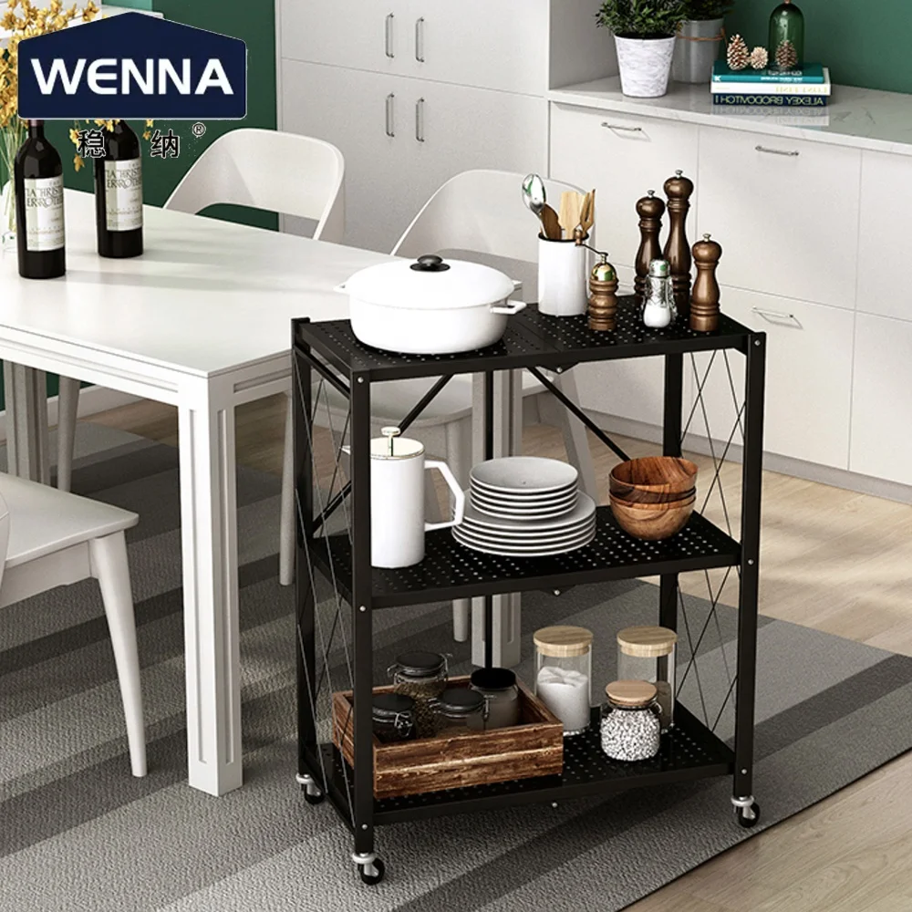 Black Metal Steel Collapsible Shelving Organizer Wire Rack Foldable Kitchen Storage Unit On Caster Wheels