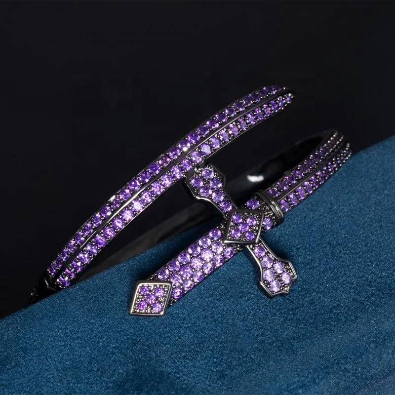 Stylish Iced Out Purple Cz Cubic Zirconia Black Gold Hip Hop Sword Bangle Bracelet