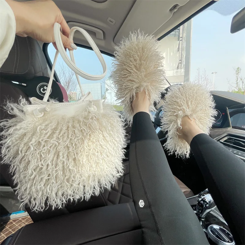 reindeer slides fluffy fur slip on closed toe gold chain flat fur for lady fashion fluffy with cotton fur inside