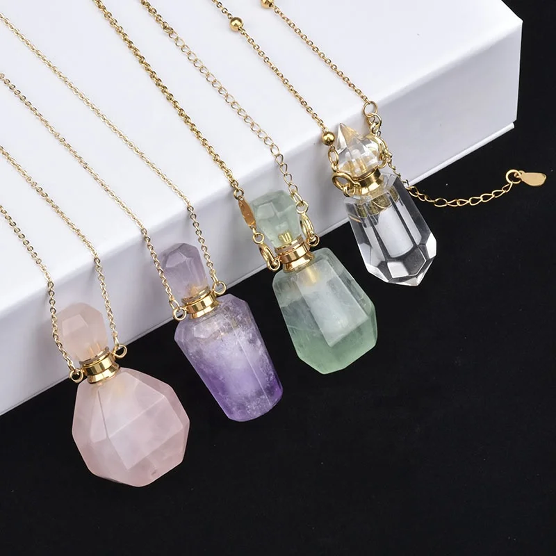 Perfume Bottle Shaped Aromatherapy Locket rose quartz with Rose Gold Chain