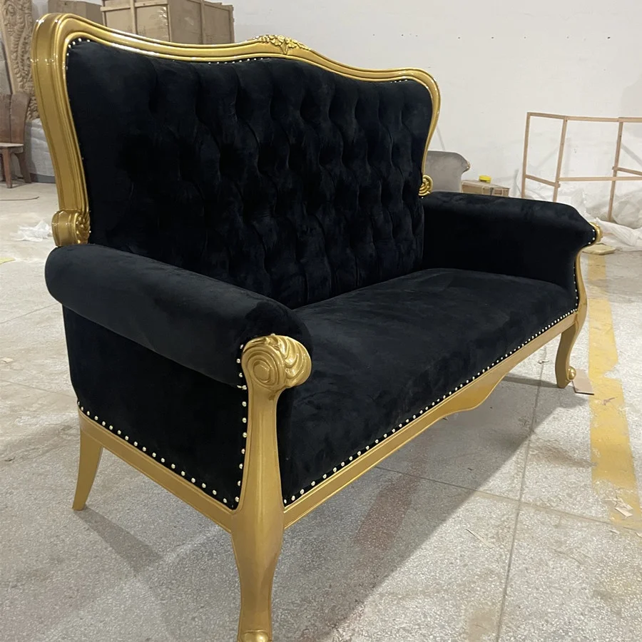 New style golden banquet velvet cloth backrest wooden pattern frame wedding hotel sofa chair