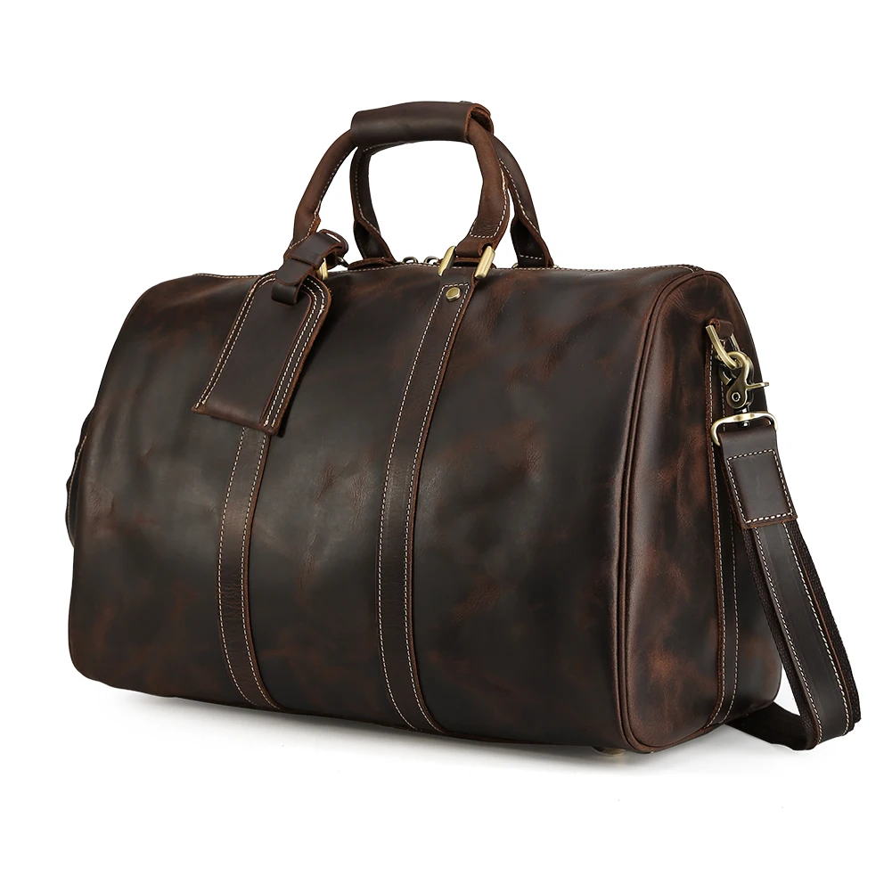 Custom Logo Material Large Capacity Men 100% Full Grain Leather Holdall Weekender Luxury Leather Travel Duffel Bag for  Outdoor