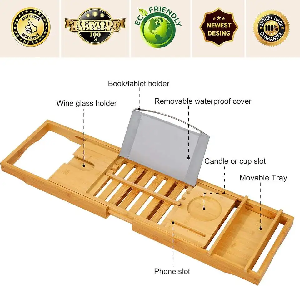 Deluxe bamboo bath Caddy with extendable multi-function bamboo bath tray, with book holder, wine glass holder bathroom rack