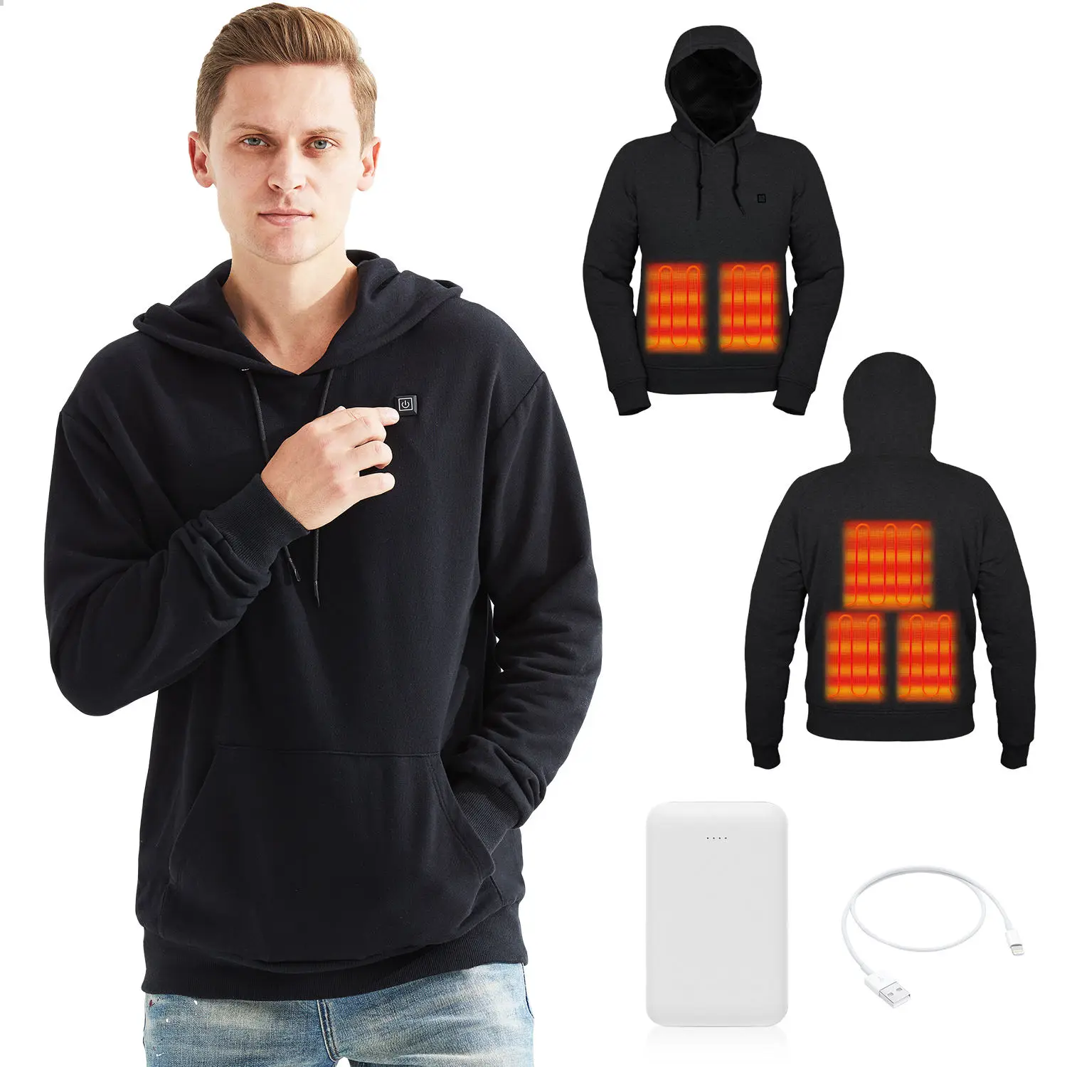New Portable Charger Heated Hoodie Unisex Winter carbon fiber softshell heated waterproof jacket