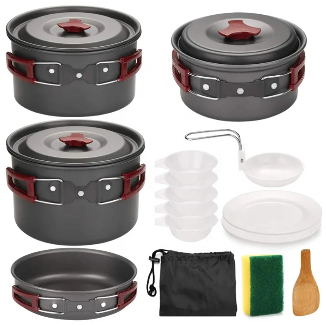 
Hot sale cheap 4-6 person Portable Alloy Outdoor camping Cooking Set Cookware 