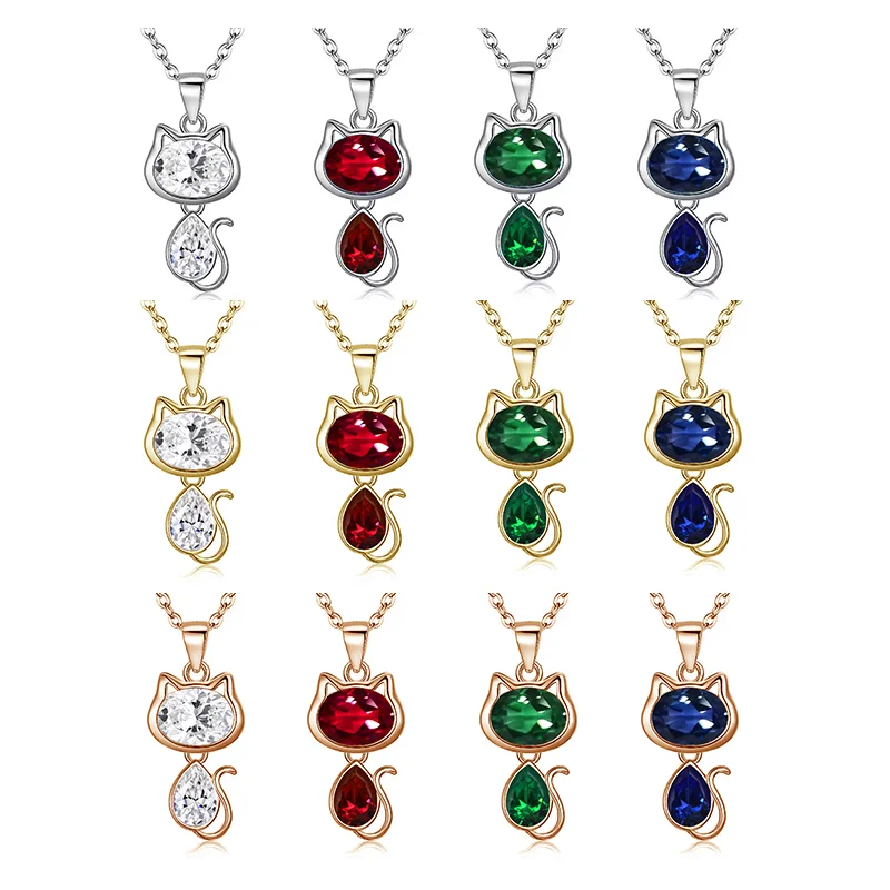 2024 Hot Sale Mimi Love Cat Pendent Oval Pear Cut Moissanite Lab ruby sapphire emerald 10K Yellow Gold Necklace