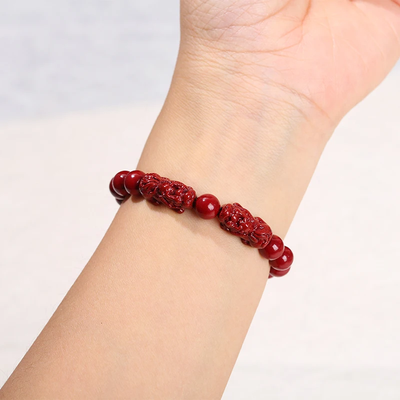 JD GEMS Feng Shui Wealth Lucky Double Pixiu Tai Chi Round Buckle Charms Original Mine Purple Cinnabar Round Beaded Bracelet