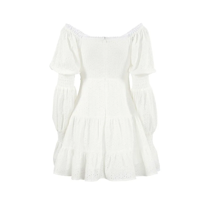 2024 Mini Dress tiered Woven Cut Out Crochet V-neck White Long Sleeve Eyelet Skater Mini Dress