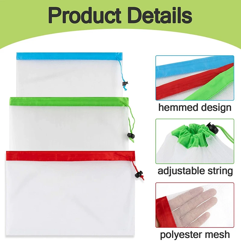 Eco-friendly Washable Nylon Mesh Fruits & Vegetables Storage Bags With Toggles & Top Trim