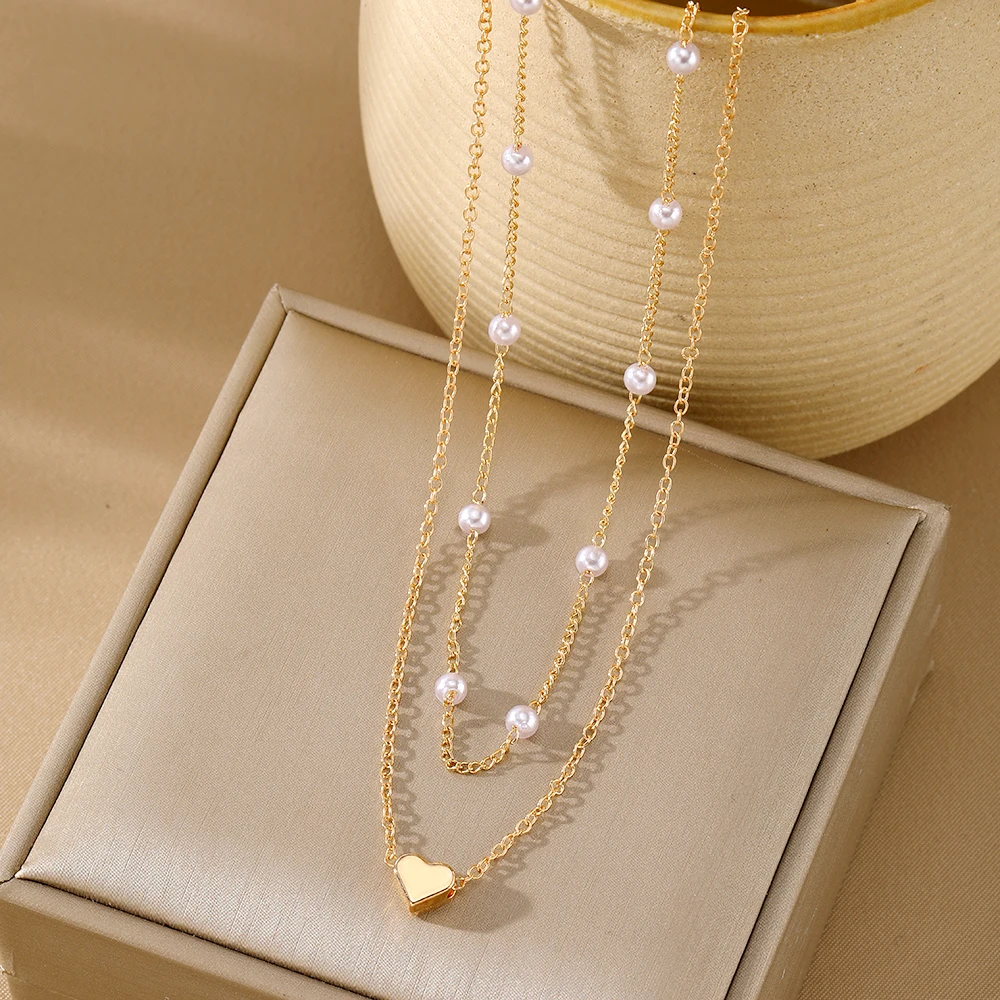2024 New Fashionable Gold Pearl Geometric Heart Drop Cross Pendant Necklace For Women Jewelry Multilayer Link Chain Gift