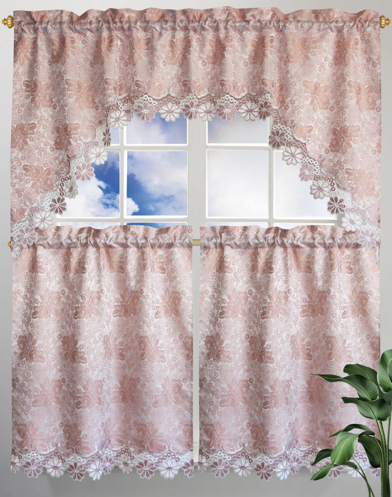 Modern Embroidery Exquisite Kitchen Curtains Lace Lace Half Curtain 3 Piece Set Small Windows