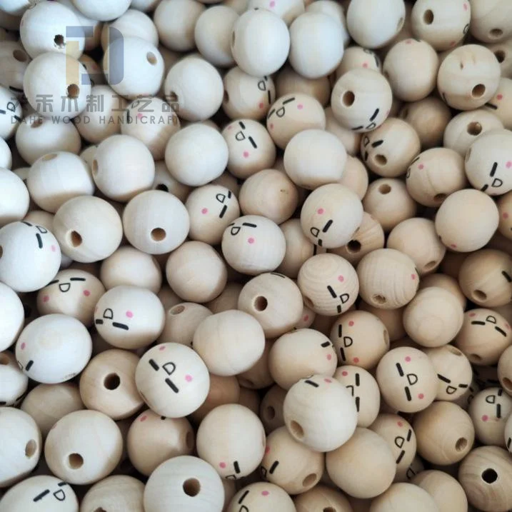 Printed 20mm Smiling Face Ball Wooden Beads Custom Smile Wood Beads with Smiley Face for DIY Bracelet Necklace Making