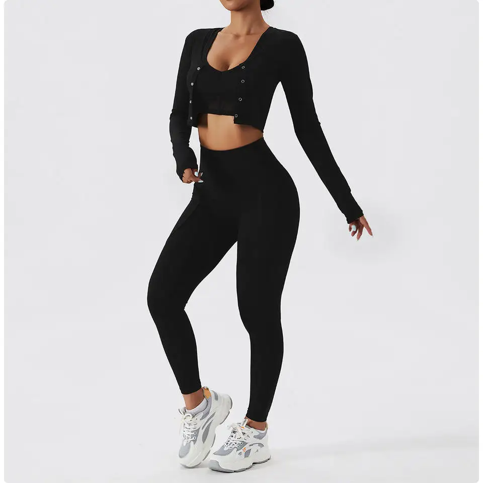 Free Sample 3 Piece Women Workout Clothes Tracksuit Women Breathable Sports Long Sleeve Female Gym Clothing Athletic Yoga Sets