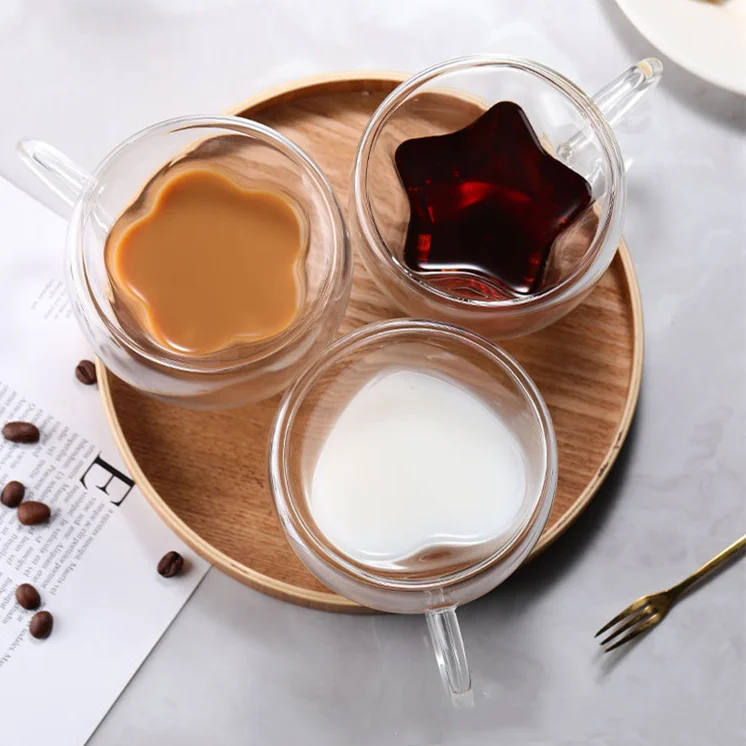 200ml wholesale heart shape high borosilicate clear double wall glass Mug coffee cup with Handle