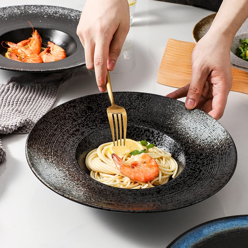 Porcelain Black Round Salad Plate with Rim Ceramic Soup Plate, Direct Factory Deep Plate For Restaurant