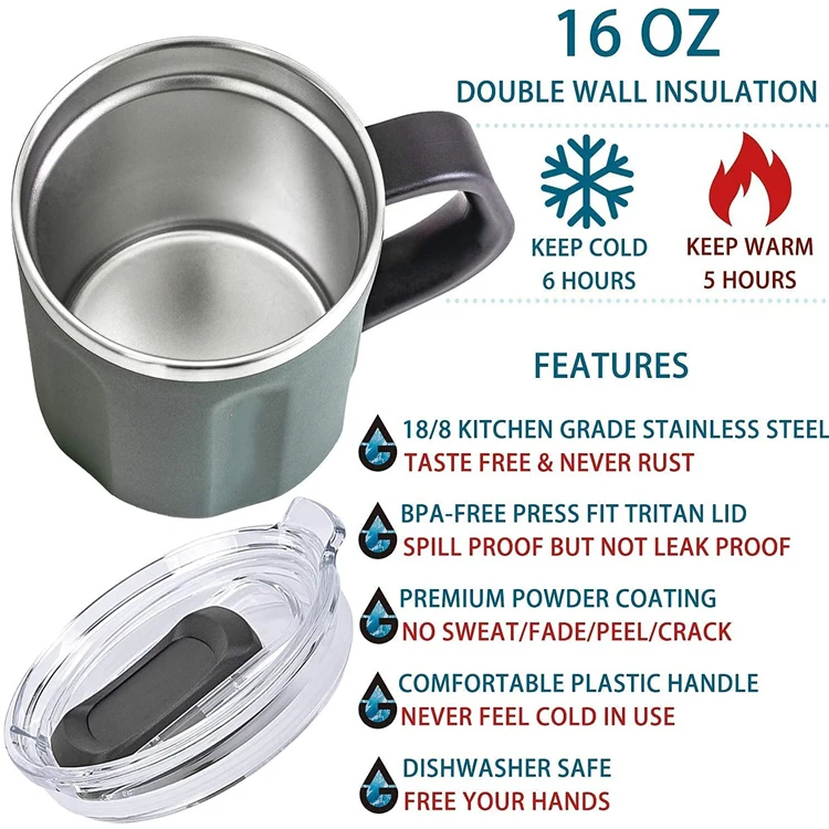 PURPLESEVEN Double Wall Vacuum Insulated 304 Stainless Steel 16oz Thermos Beer Mugs Travel Coffee Mug with Handle and Slider Lid