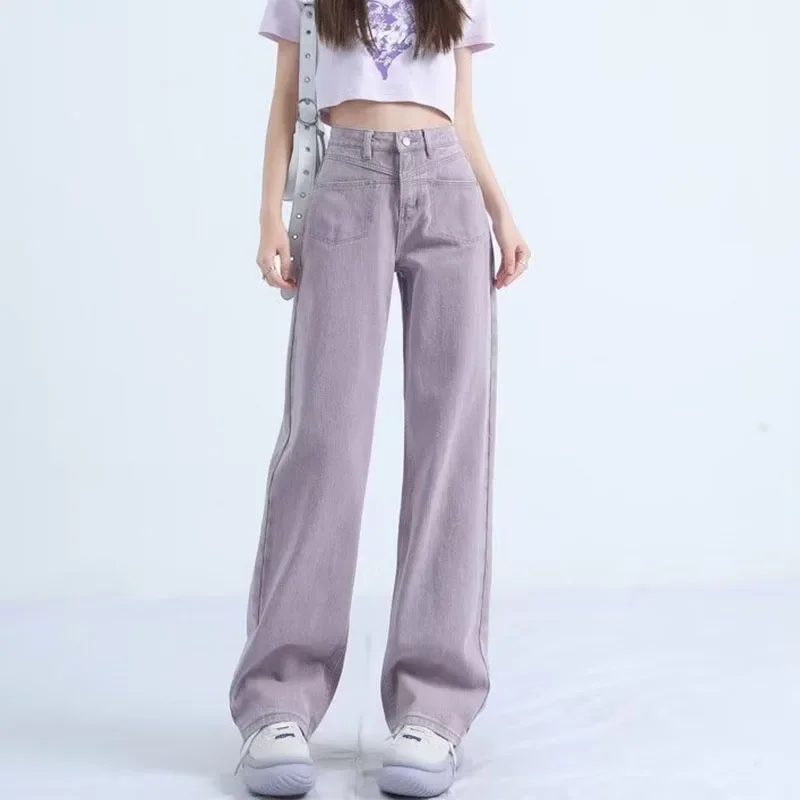 Women High Waist Jeans Retro 2024 Summer Thin Ladies Loose Wide Leg Straight Denim Pants Solid Color Female Baggy Trousers