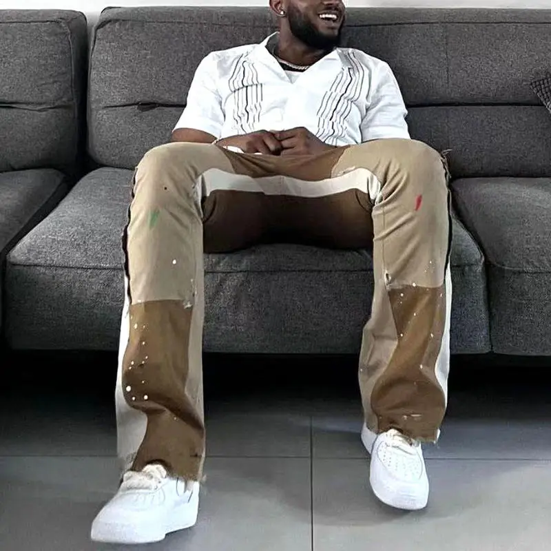 Wholesale Mens Jogger Pants Sweatpants Patchwork Trousers Custom Paint Splatter Print Raw Edge Hem Flare Pants