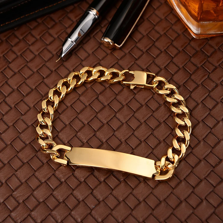 high quality polishing finish 18K gold PVD plated 7mm width stainless steel plate bracelet for men women